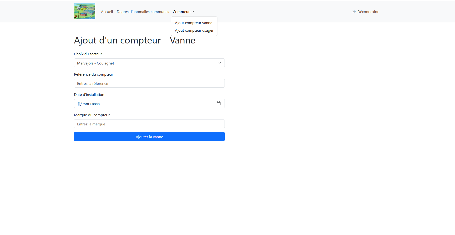 Page d'ajout d'une vanne